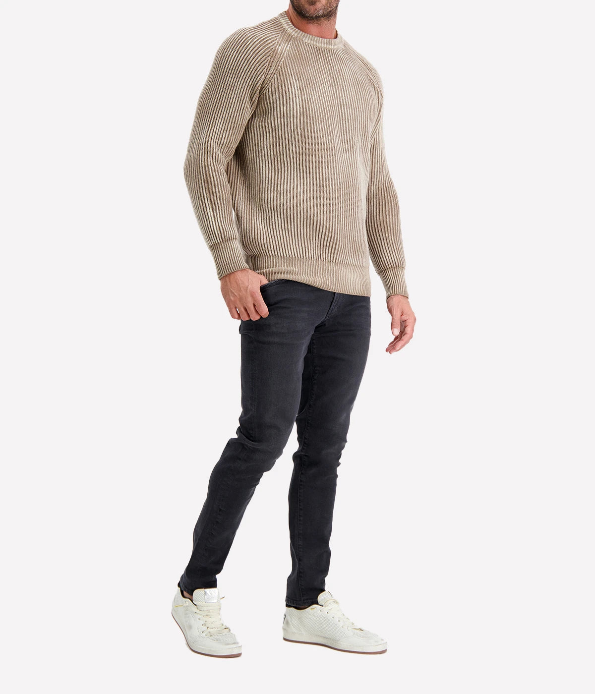 Tonal Effect Round Neck Cashmere Pullover in Taupe