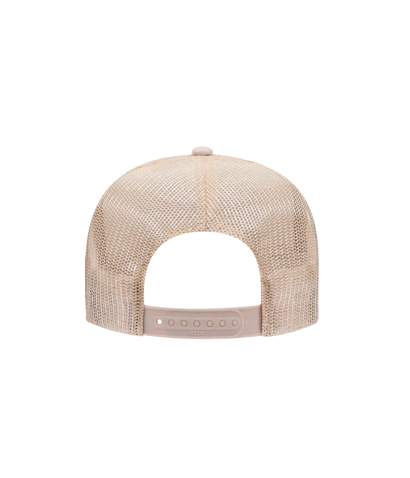 Back view of Port Sandz Hola Trucker Hat in Cream showing the mesh panels and snapback closure
