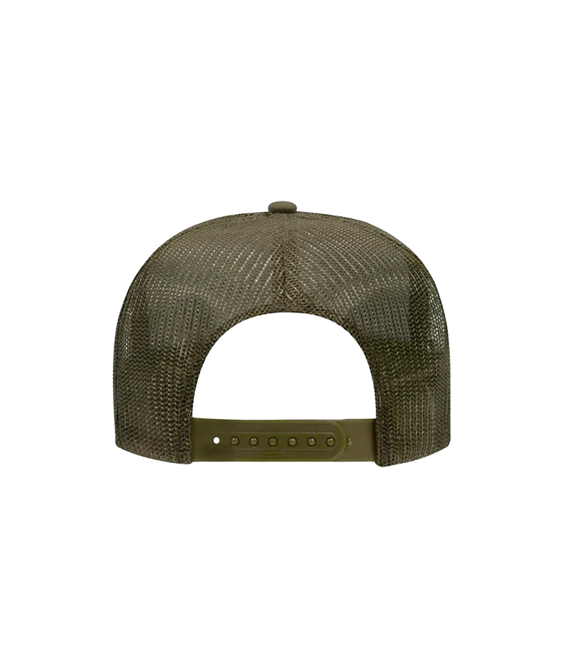 Back view of Port Sandz Hola Trucker Hat in Olive Army Green showing the mesh panels and snapback closure
