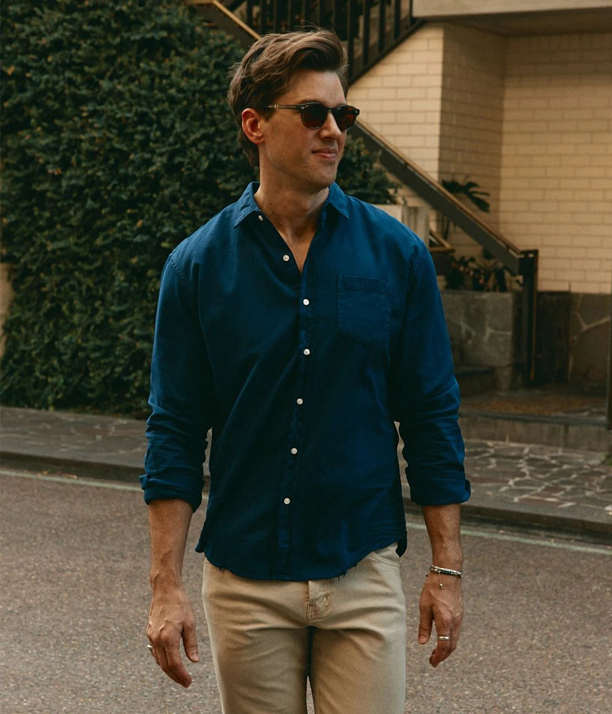 Luke Woven Button Up Shirt in Denim Navy