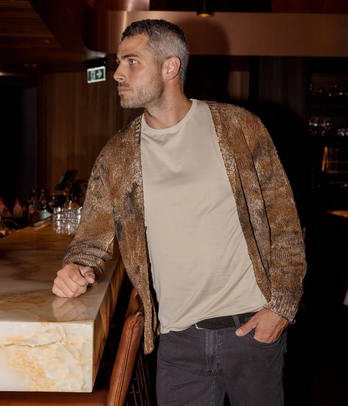 Camouflage Effect V Neck Cardigan in ANTILOPE