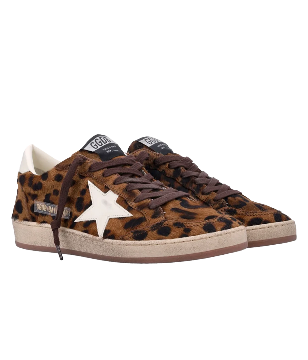 Golden Goose Ball Star sneaker in leopard-print pony-effect leather with cream star, angled front view