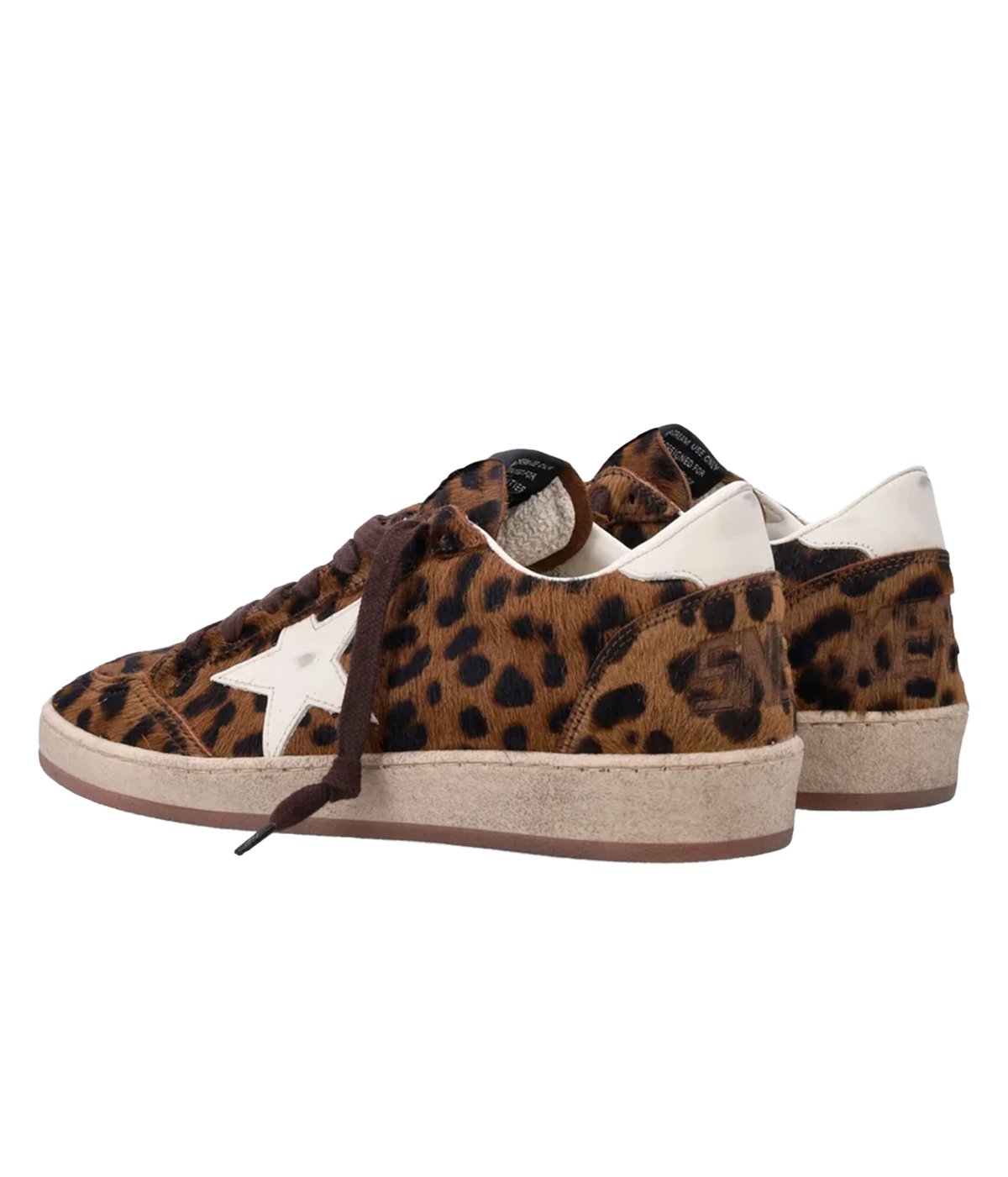 Golden Goose Ball Star sneaker in leopard-print pony-effect leather, angled rear view showing the cream heel tab