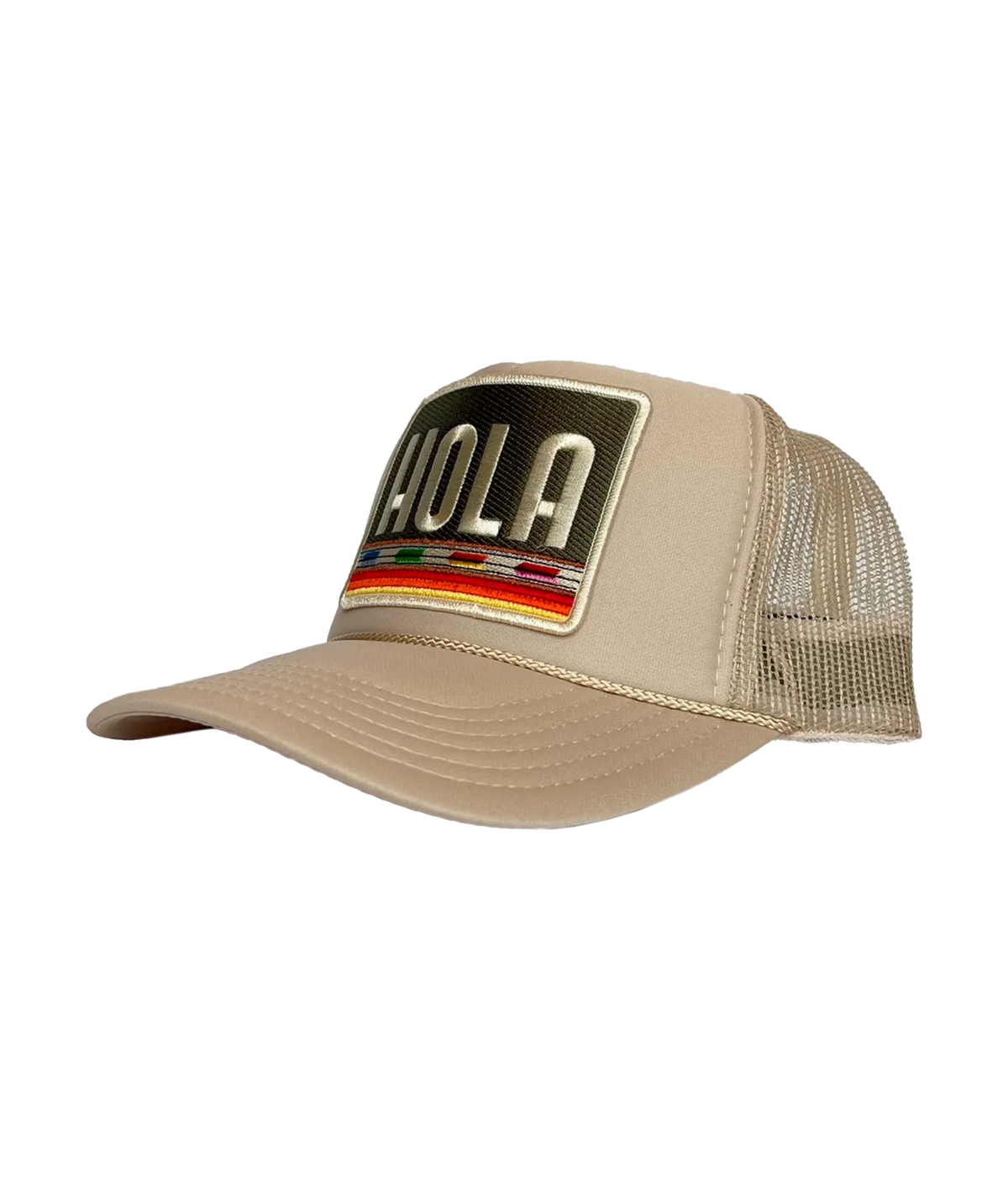 Side view of Port Sandz Hola Trucker Hat in Cream showing the foam front and mesh panels