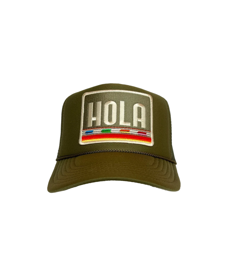 Front view of Port Sandz Hola Trucker Hat in Olive Army Green showing the embroidered HOLA patch