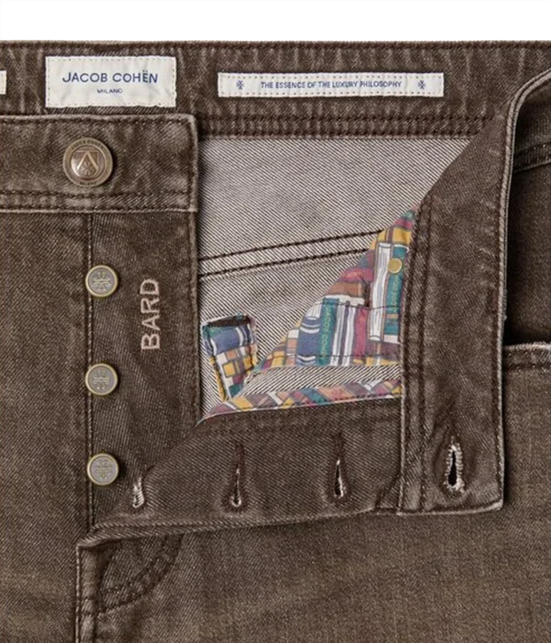 Close-up of Jacob Cohën Bard Regular-Slim Jeans in Dark Brown showing the button fly and printed interior lining