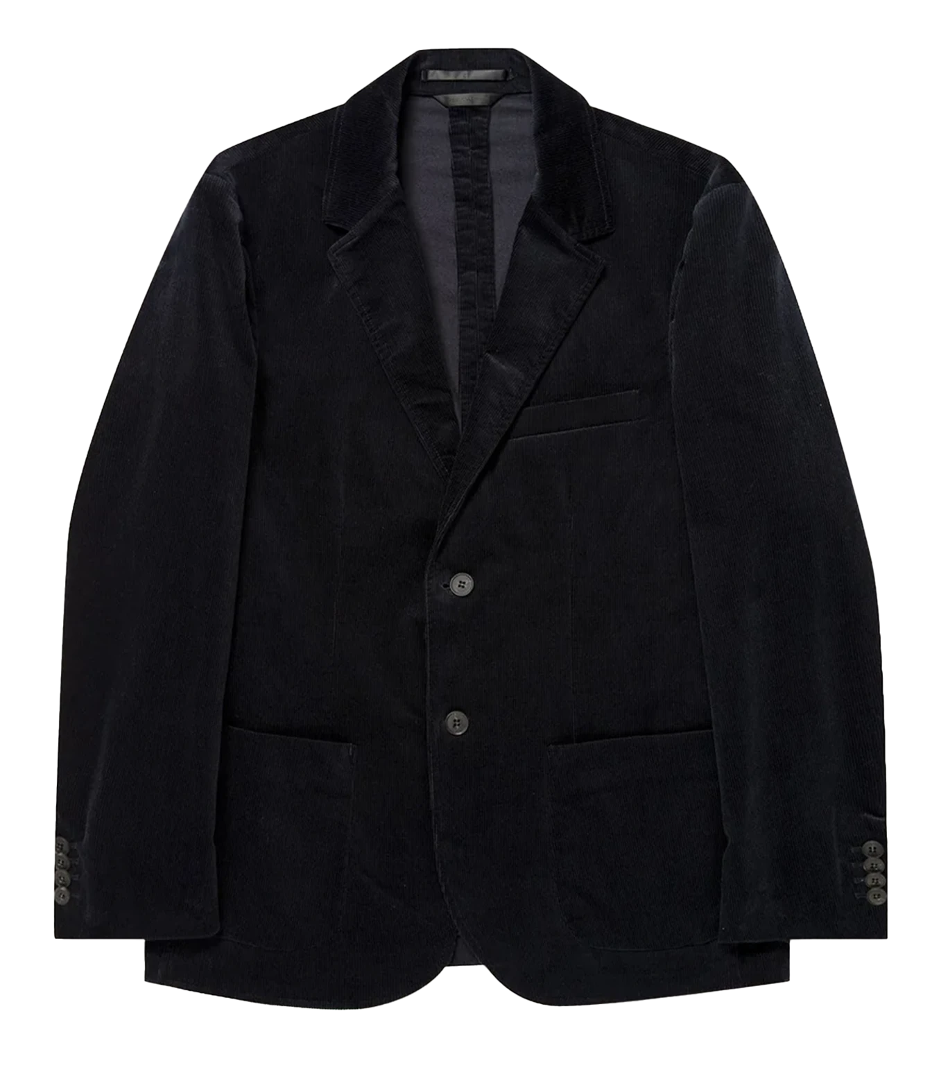 A black corduroy blazer jacket with notch lapels, a two-button front closure, and front patch pockets, shown against a plain white background.