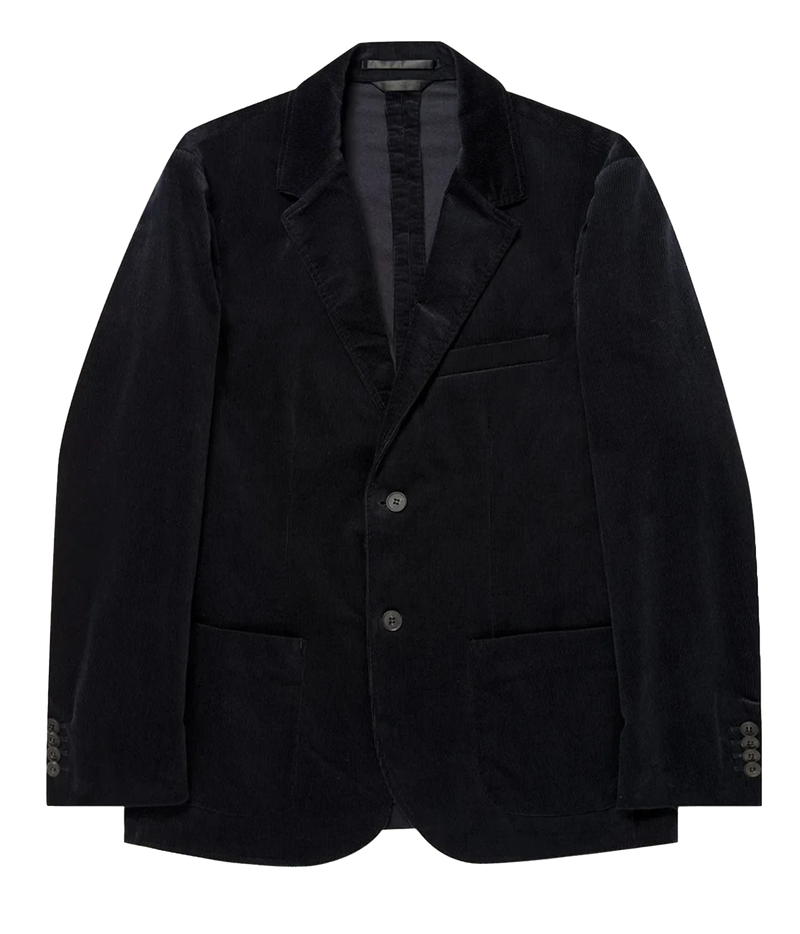 A black corduroy blazer jacket with notch lapels, a two-button front closure, and front patch pockets, shown against a plain white background.