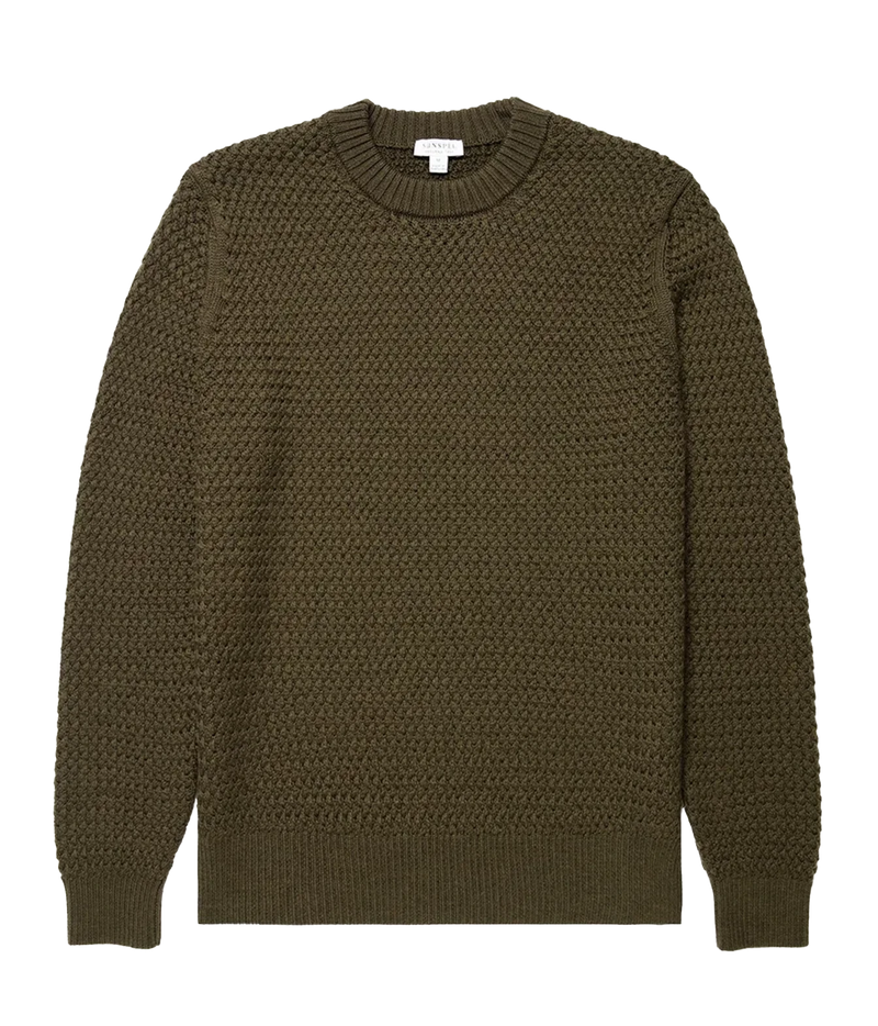 An olive green textured knit crewneck sweater with a ribbed collar, cuffs, and hem, displayed flat against a white background.