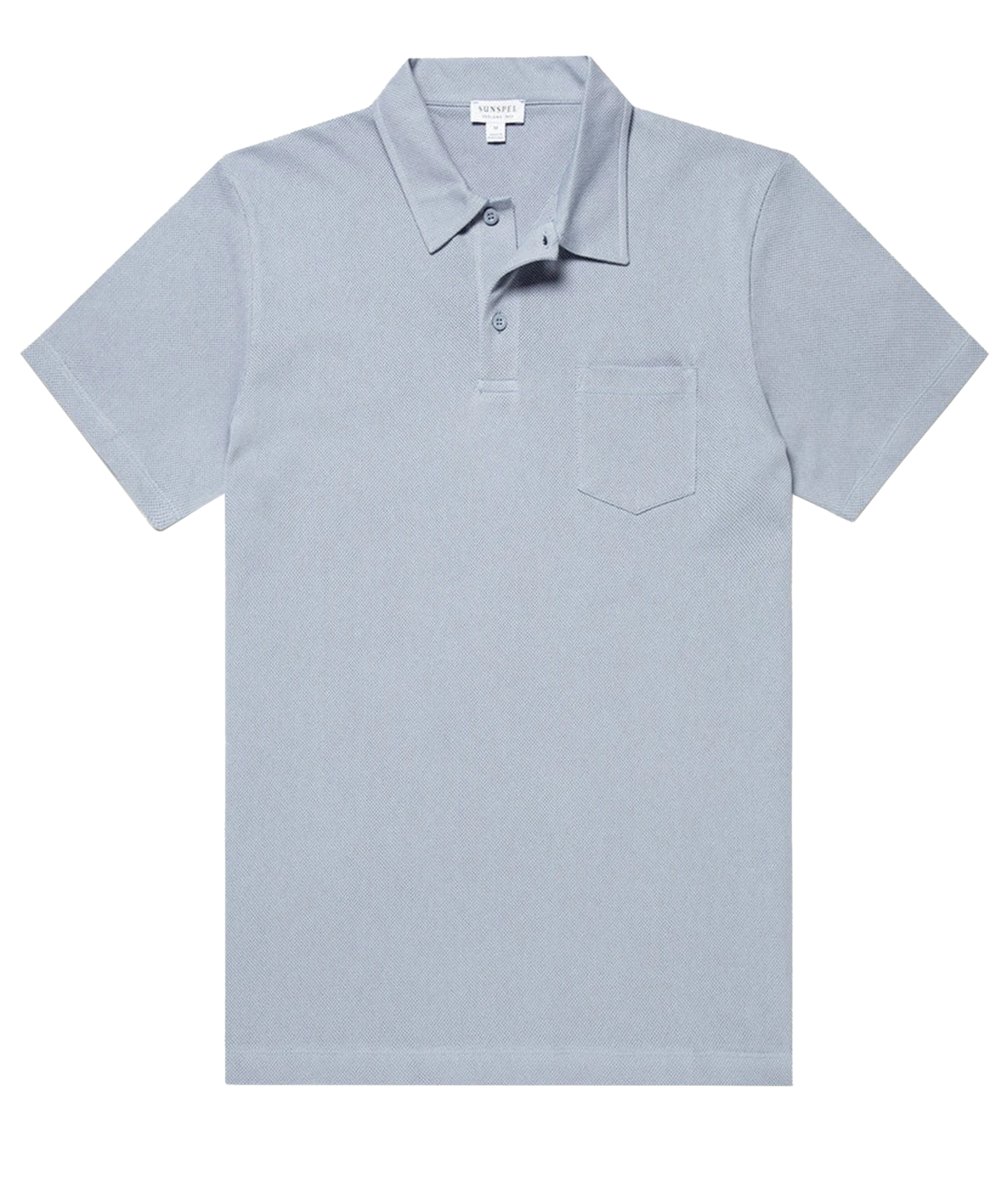A light blue short-sleeve polo shirt with a classic collar, three-button placket, and a single chest pocket, shown flat against a white background.