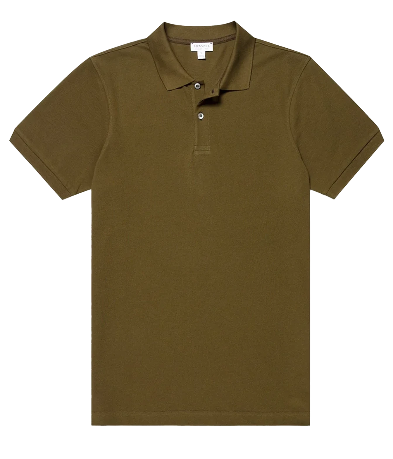An olive green short-sleeve polo shirt with a two-button placket, displayed flat against a solid white background.