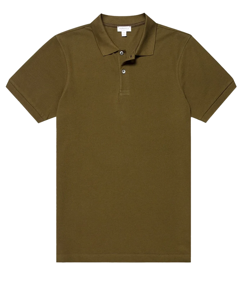 An olive green short-sleeve polo shirt with a two-button placket, displayed flat against a solid white background.