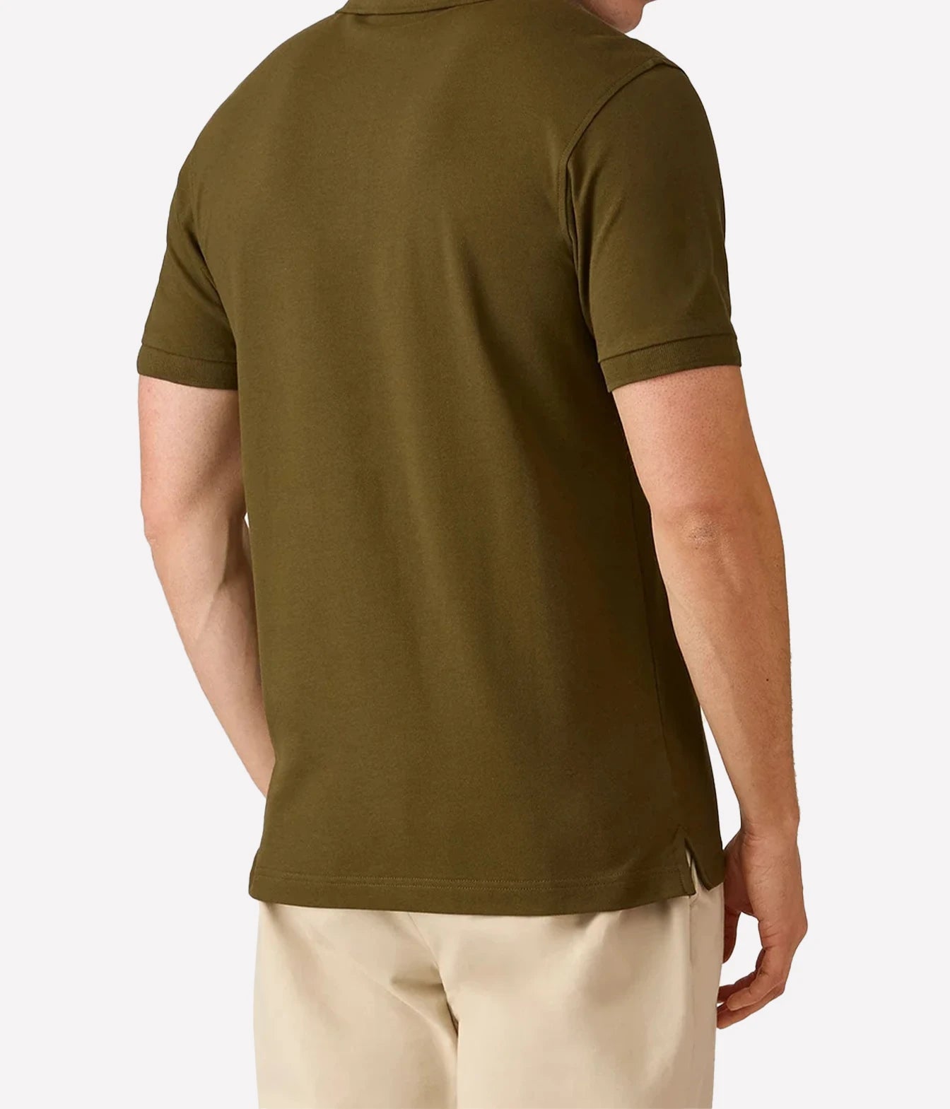 A man wearing an olive green short-sleeve polo shirt, shown from the back against a clean white background.