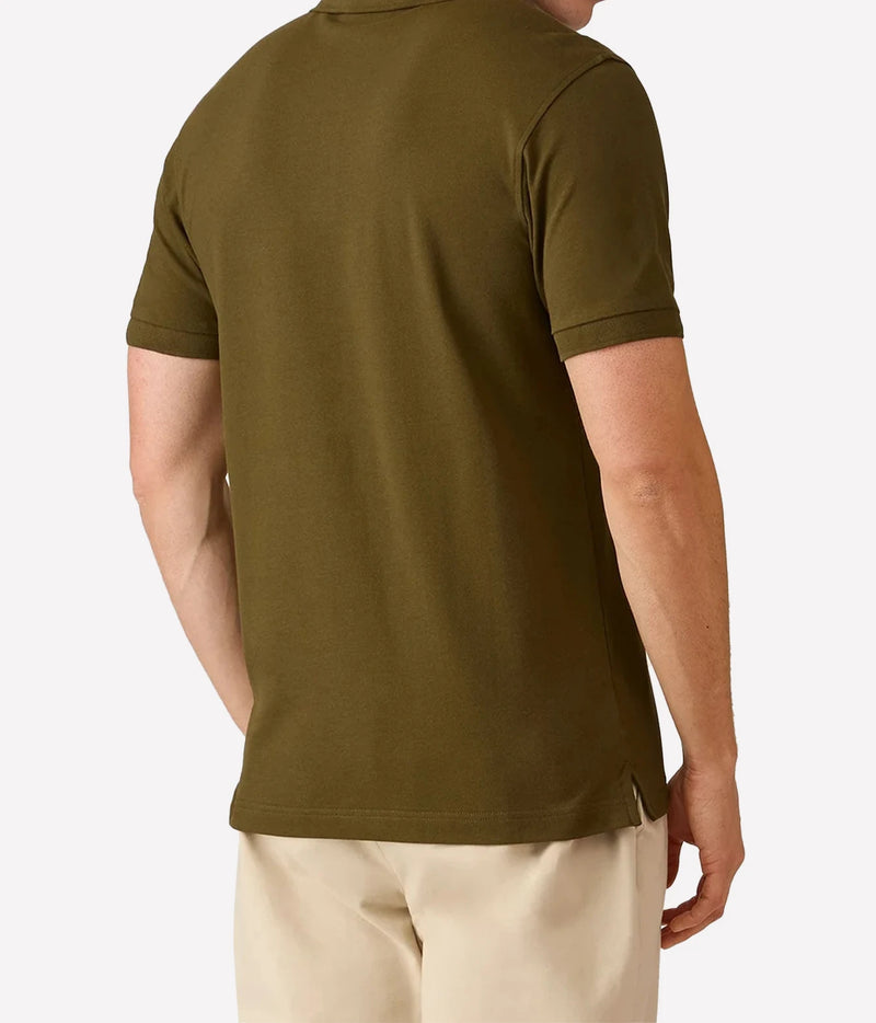 A man wearing an olive green short-sleeve polo shirt, shown from the back against a clean white background.
