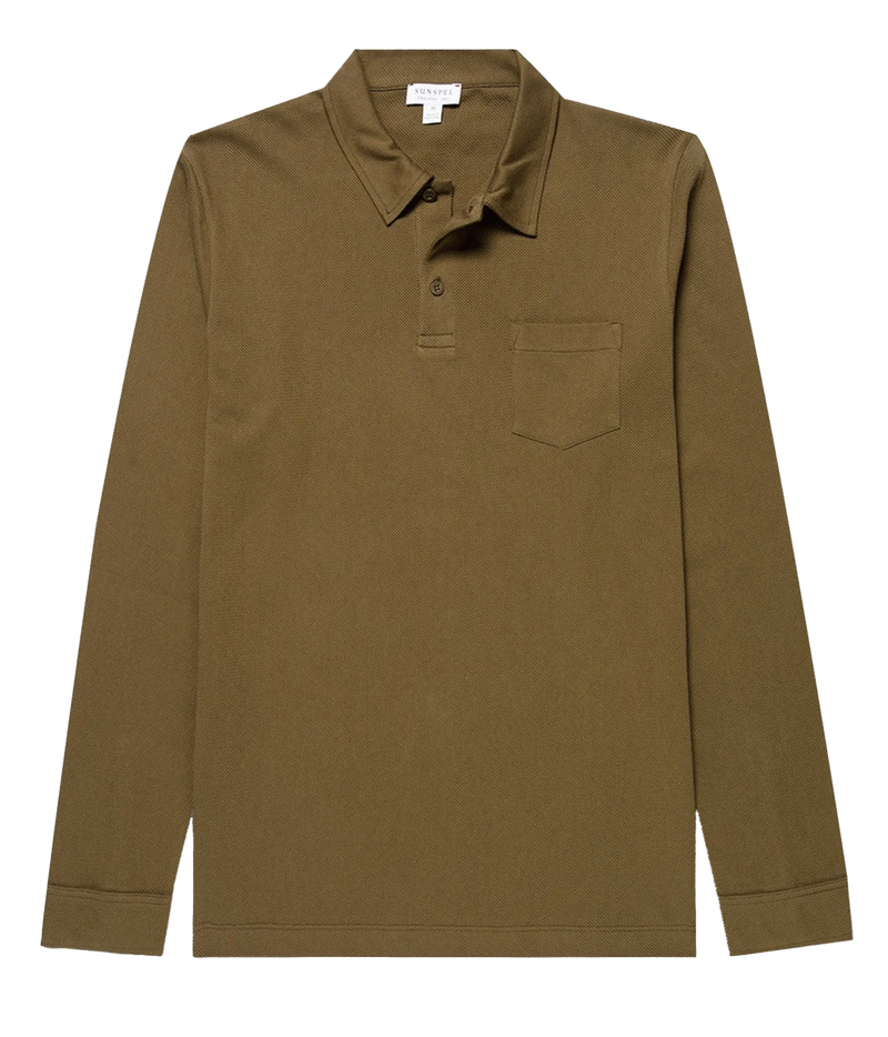 A long-sleeve polo shirt in olive brown, featuring a classic collar, a two-button placket, and a single chest pocket, shown flat against a white background.