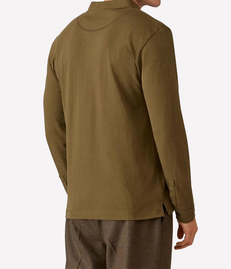 A man wearing an olive green long-sleeve shirt, shown from the back against a plain light gray background.