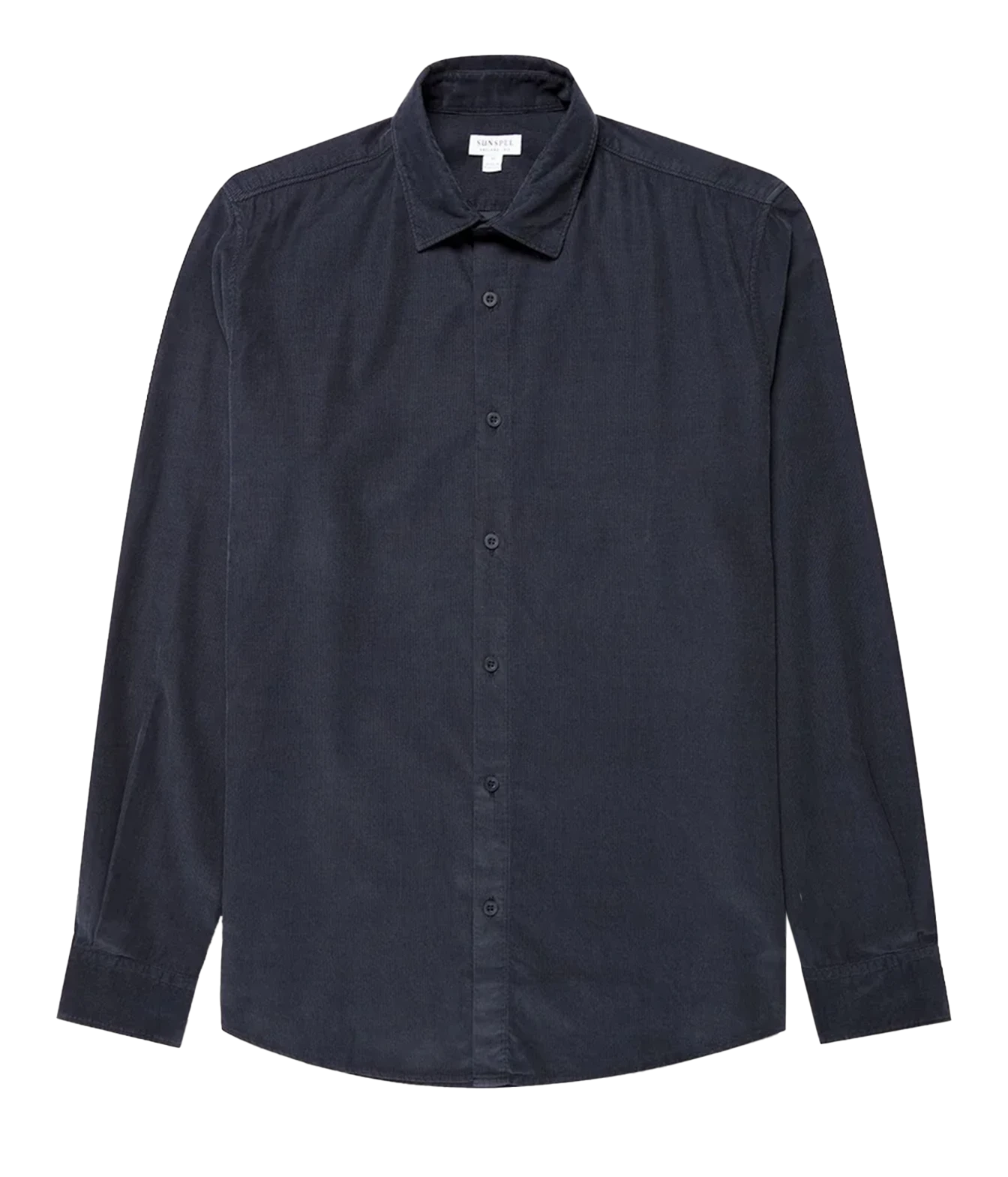 A dark navy blue long-sleeve button-up shirt with a classic collar, displayed flat against a solid white background.
