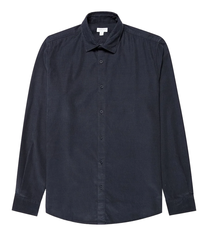 A dark navy blue long-sleeve button-up shirt with a classic collar, displayed flat against a solid white background.