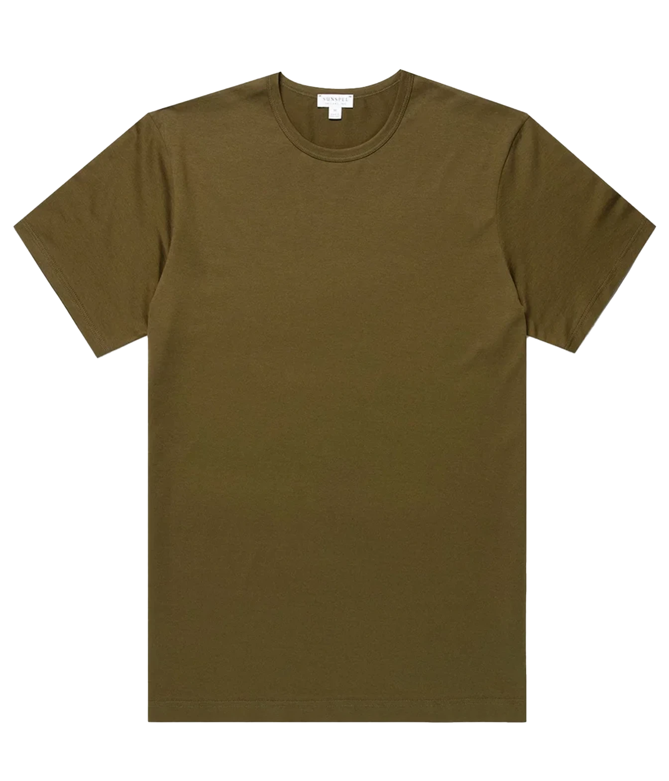 A classic short-sleeve crewneck t-shirt in olive green, laid flat against a solid white background.