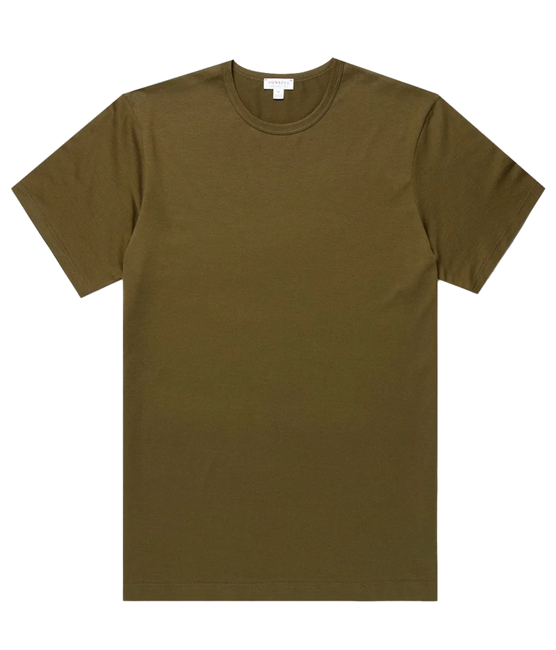 A classic short-sleeve crewneck t-shirt in olive green, laid flat against a solid white background.