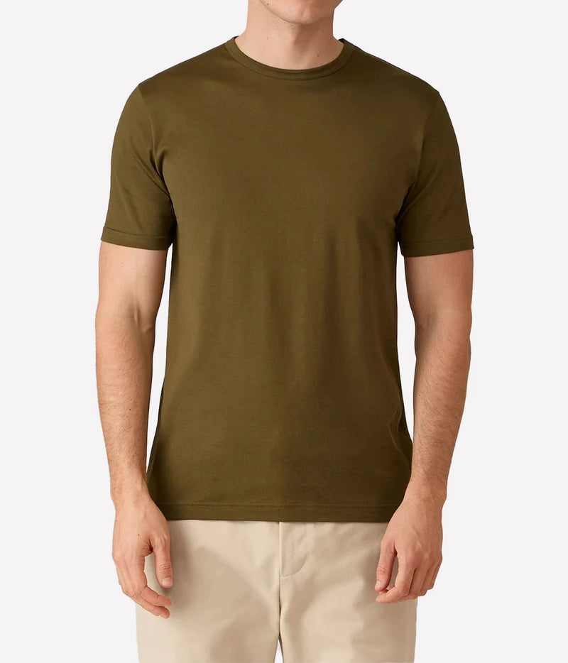 A man wearing a solid olive green short-sleeve crewneck t-shirt and beige pants, shown from the neck down against a light gray background.