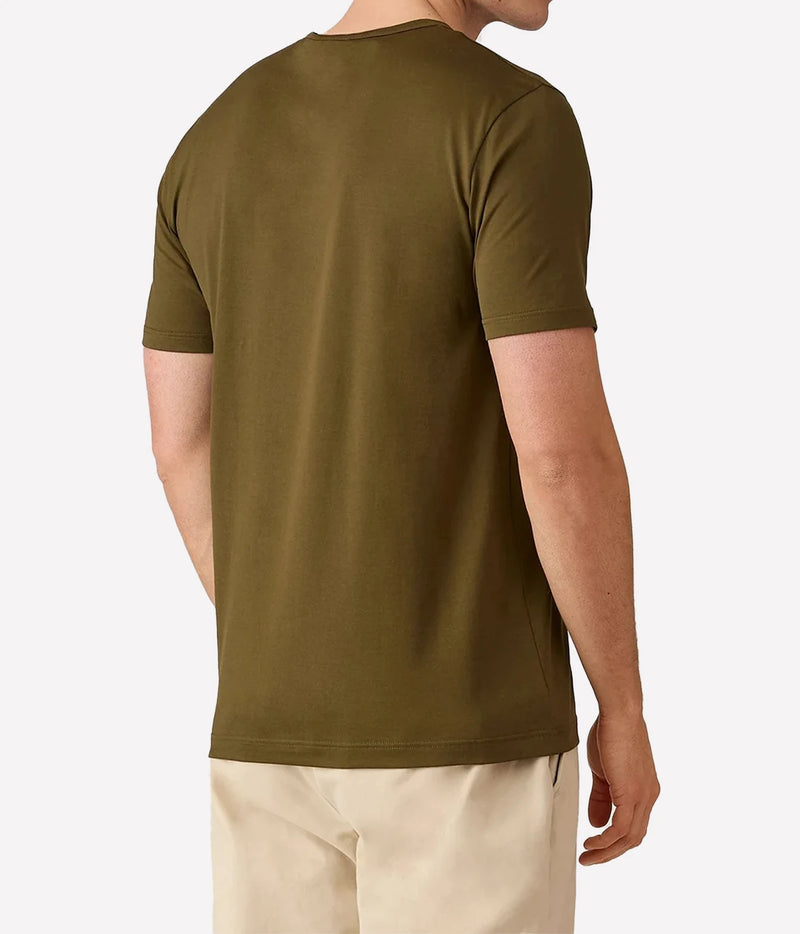 A man wearing an olive green short-sleeve t-shirt, shown from the back against a light gray studio background.