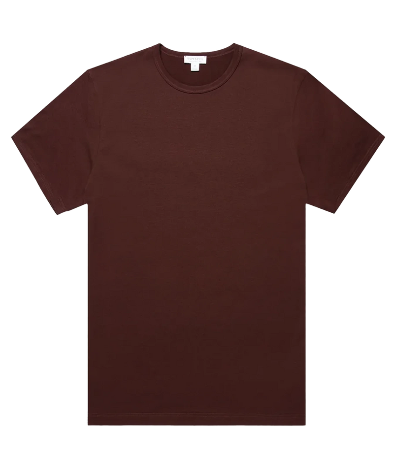 A classic short-sleeve crewneck t-shirt in a solid dark brown color, laid flat against a clean white background.