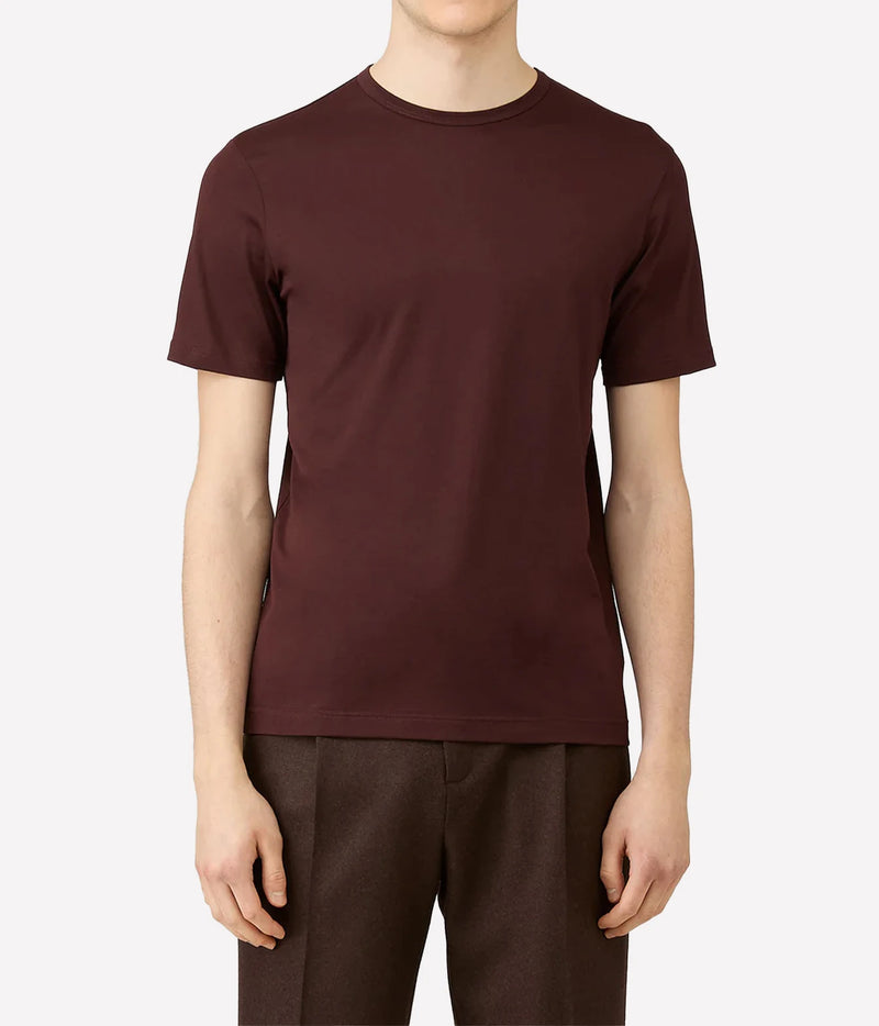 A man wearing a short-sleeve crewneck t-shirt in a deep burgundy color, paired with dark brown trousers, against a light gray background.