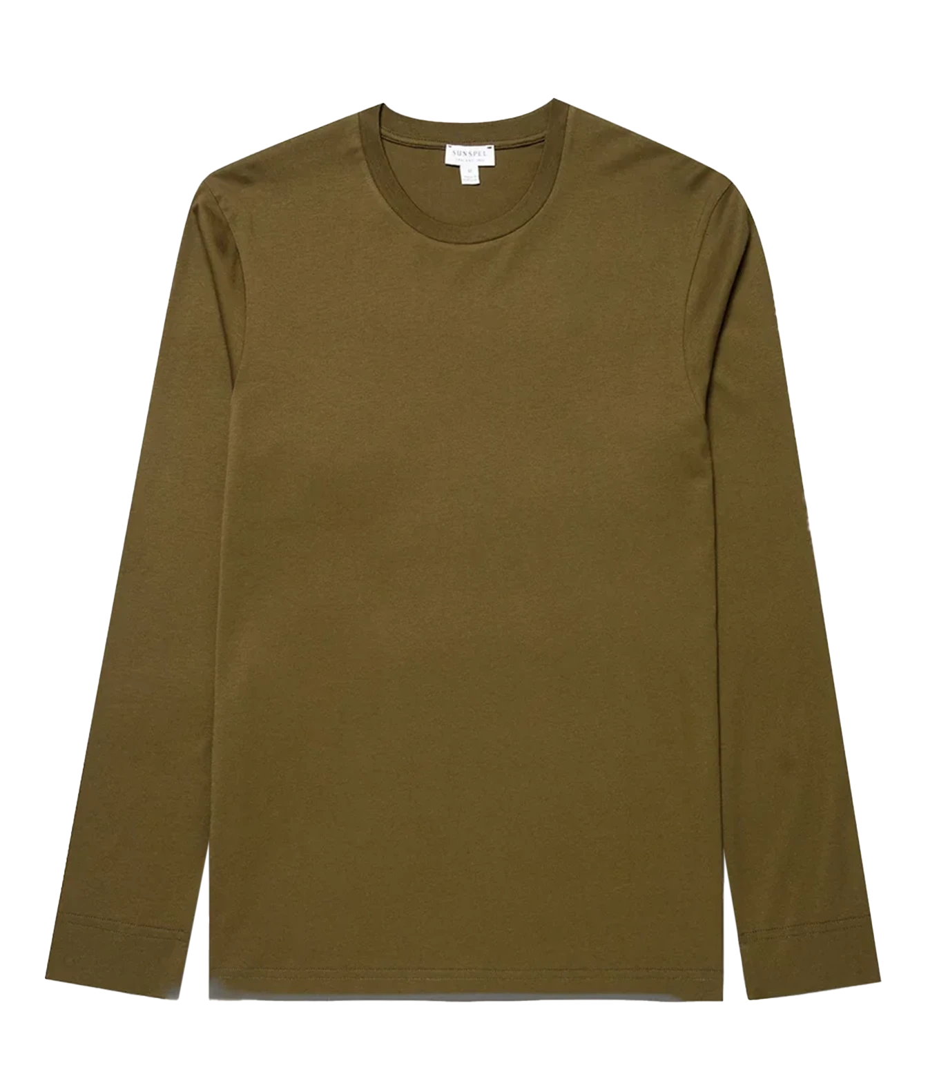 An olive green long-sleeve crewneck shirt laid flat against a solid white background.