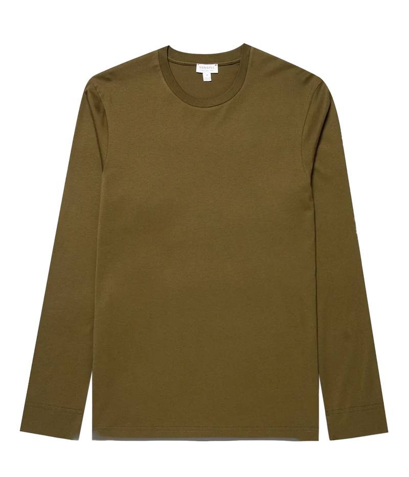 An olive green long-sleeve crewneck shirt laid flat against a solid white background.