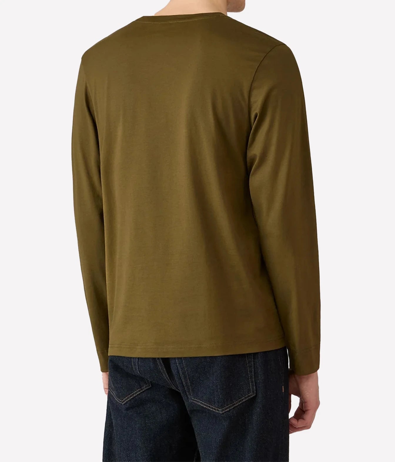A man wearing a long-sleeve crewneck t-shirt in olive green, shown from the back against a light gray background.