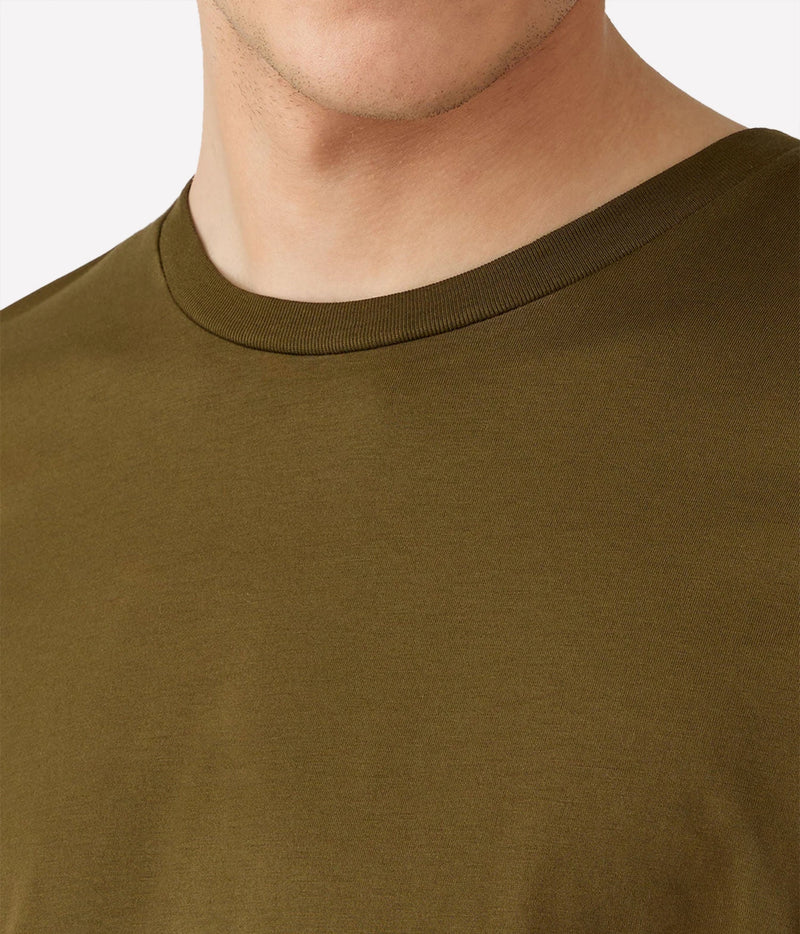 Close-up of a man's neck and lower face wearing an olive green crew-neck t-shirt against a light gray background.