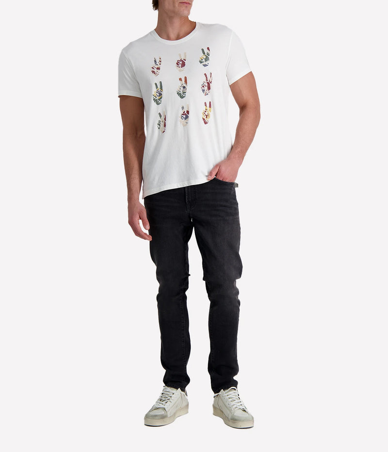 Men's Peace Symbol Graphic Tee in soft cotton with hand-embroidered international flag motifs on the front; features a crewneck and lived-in feel for effortless everyday style.