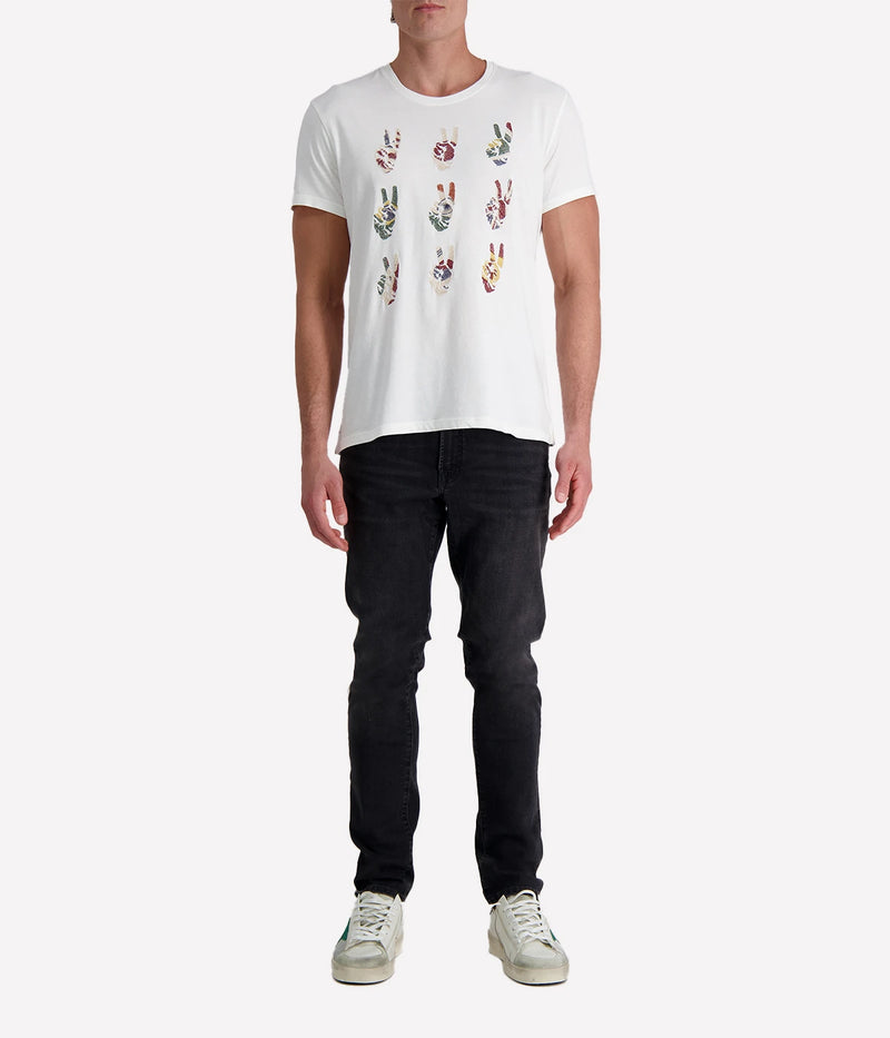 Men's Peace Symbol Graphic Tee in soft cotton with hand-embroidered international flag motifs on the front; features a crewneck and lived-in feel for effortless everyday style.