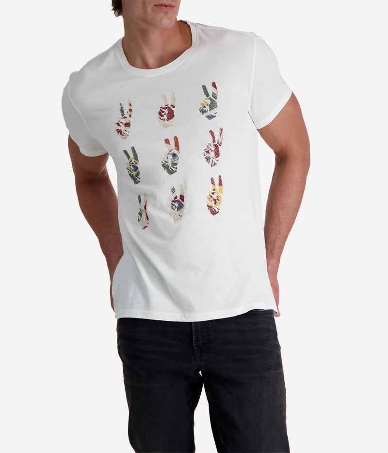 Men's Peace Symbol Graphic Tee in soft cotton with hand-embroidered international flag motifs on the front; features a crewneck and lived-in feel for effortless everyday style.