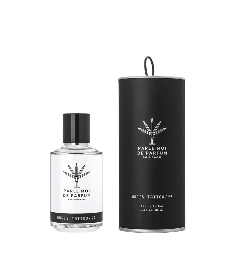 Parle Moi Orris Tattoo Eau de Parfum bottle – luxurious iris-based French fragrance with notes of violet, iris, and amber, inspired by classic perfumery.
