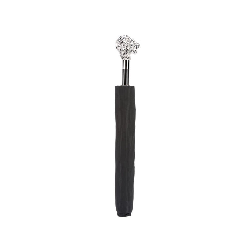  Silver Lion Folding Umbrella featuring a silver-plated resin handle and crafted from durable 100% polyester. Handmade in Italy, this umbrella combines timeless elegance with practicality, measuring 50cm in length and 100cm in diameter.