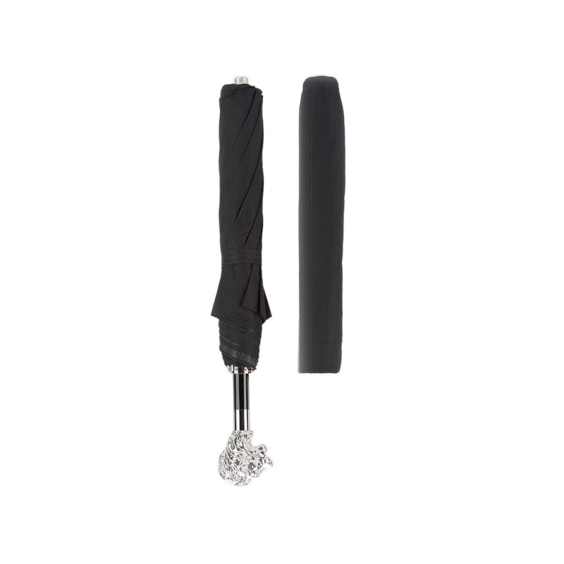  Silver Lion Folding Umbrella featuring a silver-plated resin handle and crafted from durable 100% polyester. Handmade in Italy, this umbrella combines timeless elegance with practicality, measuring 50cm in length and 100cm in diameter.