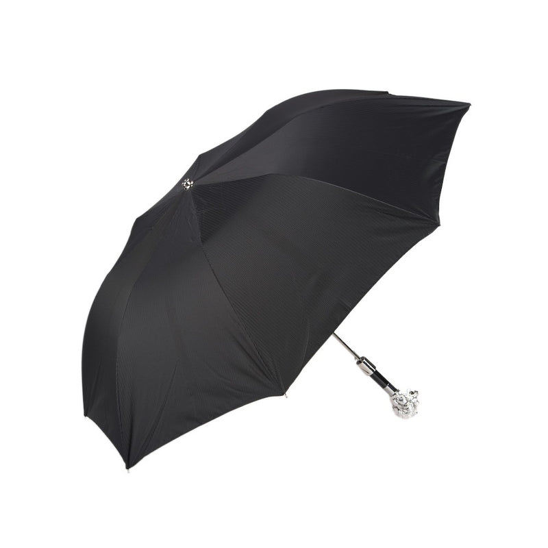  Silver Lion Folding Umbrella featuring a silver-plated resin handle and crafted from durable 100% polyester. Handmade in Italy, this umbrella combines timeless elegance with practicality, measuring 50cm in length and 100cm in diameter.