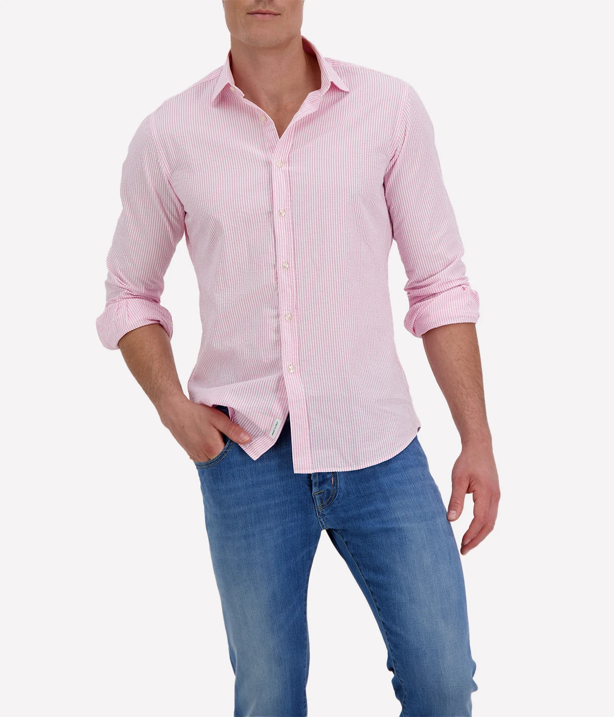 Slim Fit Shirt in Seersucker Pink & White