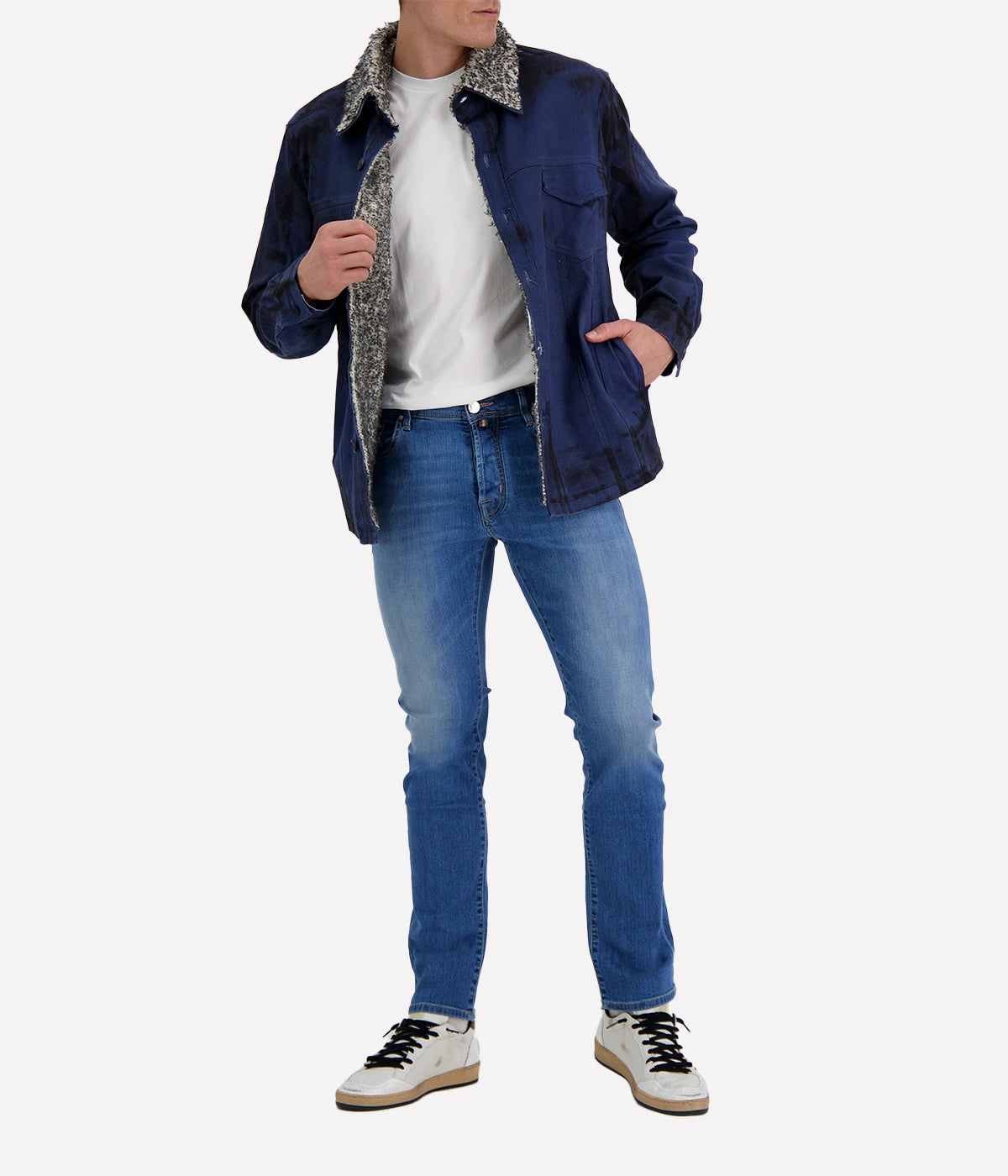 Spatula Effect Denim Shirt Jacket Lined W/ Furry Stitch in Midnight