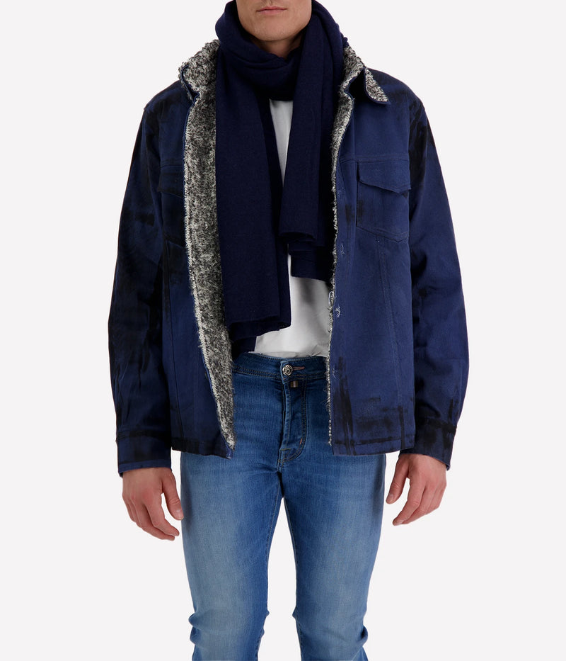 Spatula Effect Denim Shirt Jacket Lined W/ Furry Stitch in Midnight