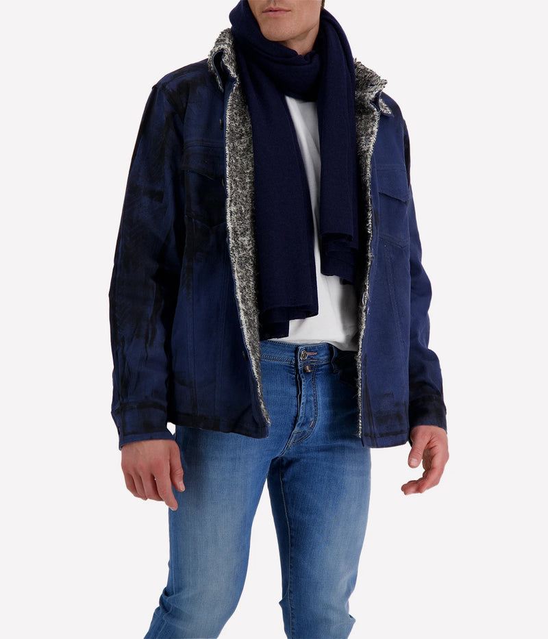 Spatula Effect Denim Shirt Jacket Lined W/ Furry Stitch in Midnight