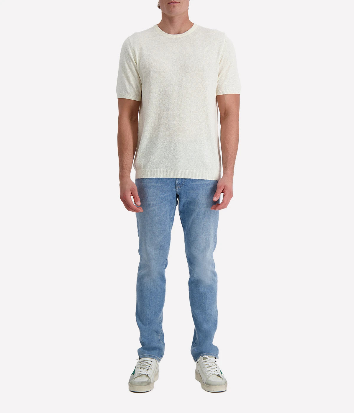 White spongy-effect knit t-shirt with ribbed trims, designed in a clean silhouette for a fresh and versatile summer staple.