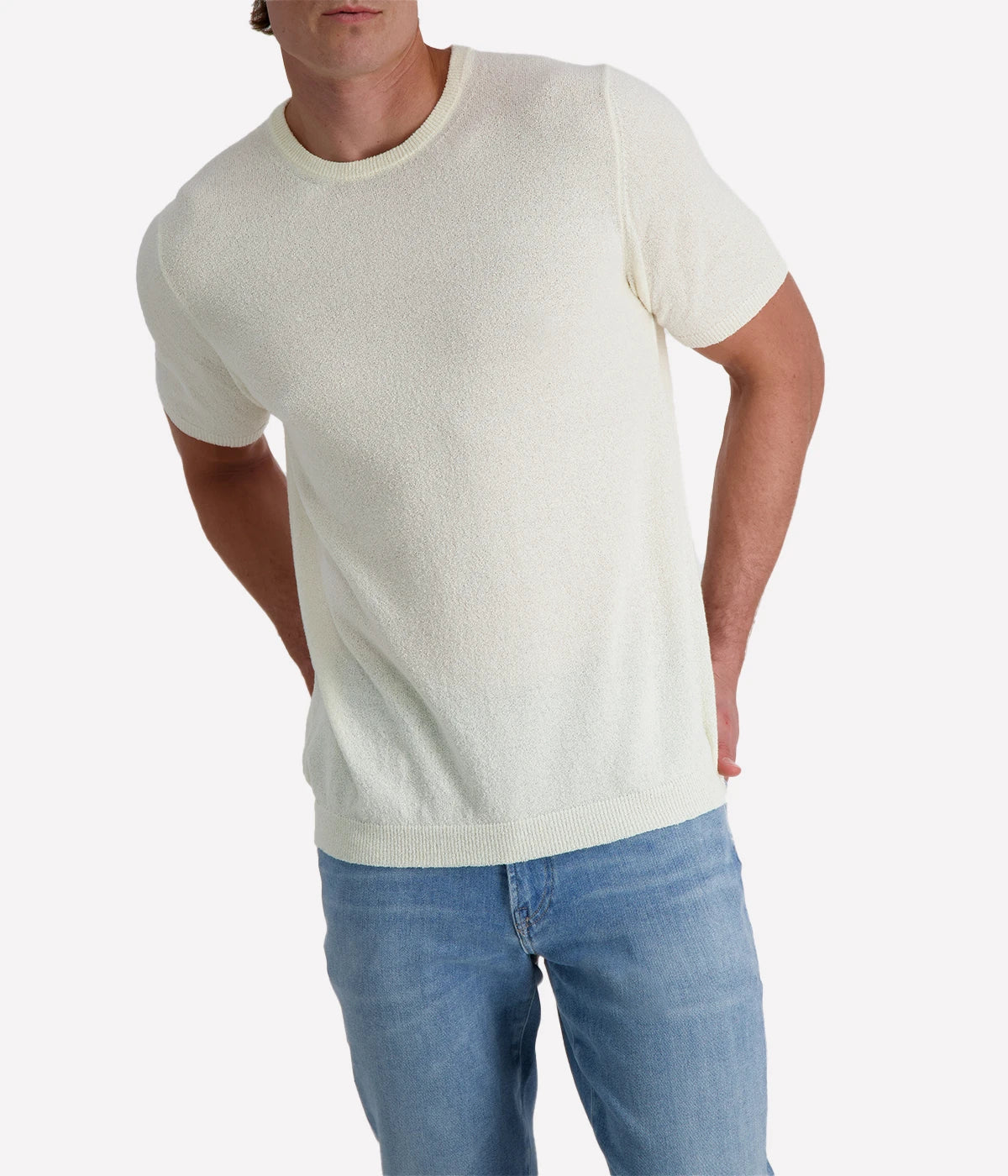 White spongy-effect knit t-shirt with ribbed trims, designed in a clean silhouette for a fresh and versatile summer staple.
