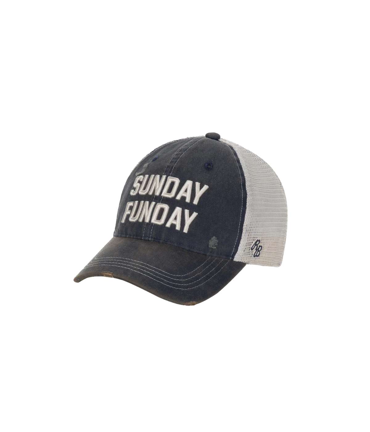 Angled side view of Retro Brand Sunday Funday Cap in Navy showing the light grey mesh back