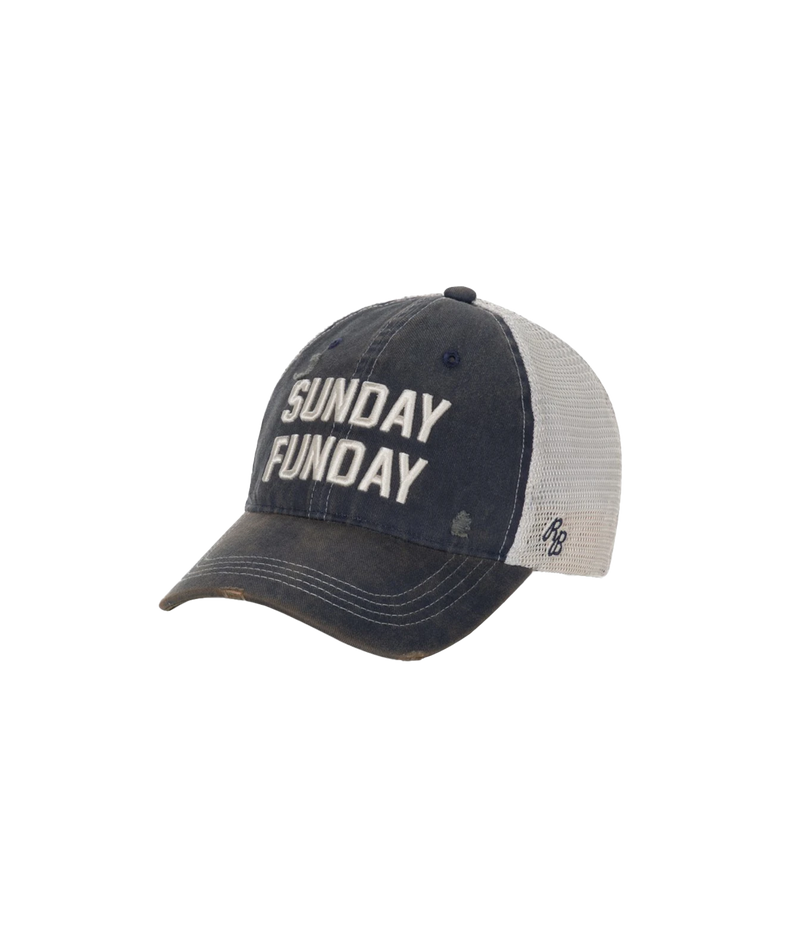 Angled side view of Retro Brand Sunday Funday Cap in Navy showing the light grey mesh back