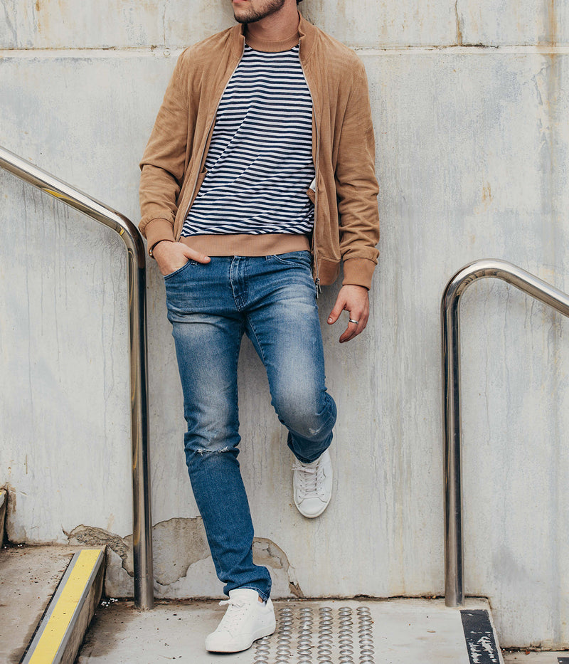 Crewneck Knit Shirt in White, Blue & Camel Stripe