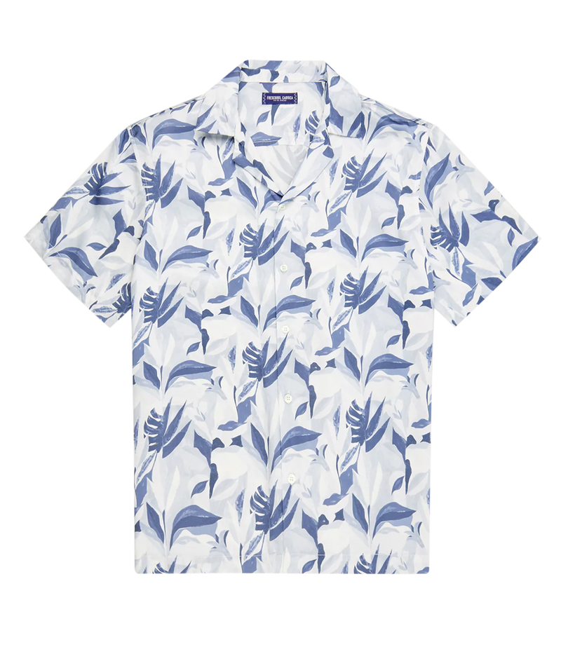 Roberto Silk Short Sleeve Shirt Tropico Print in Cool Bue