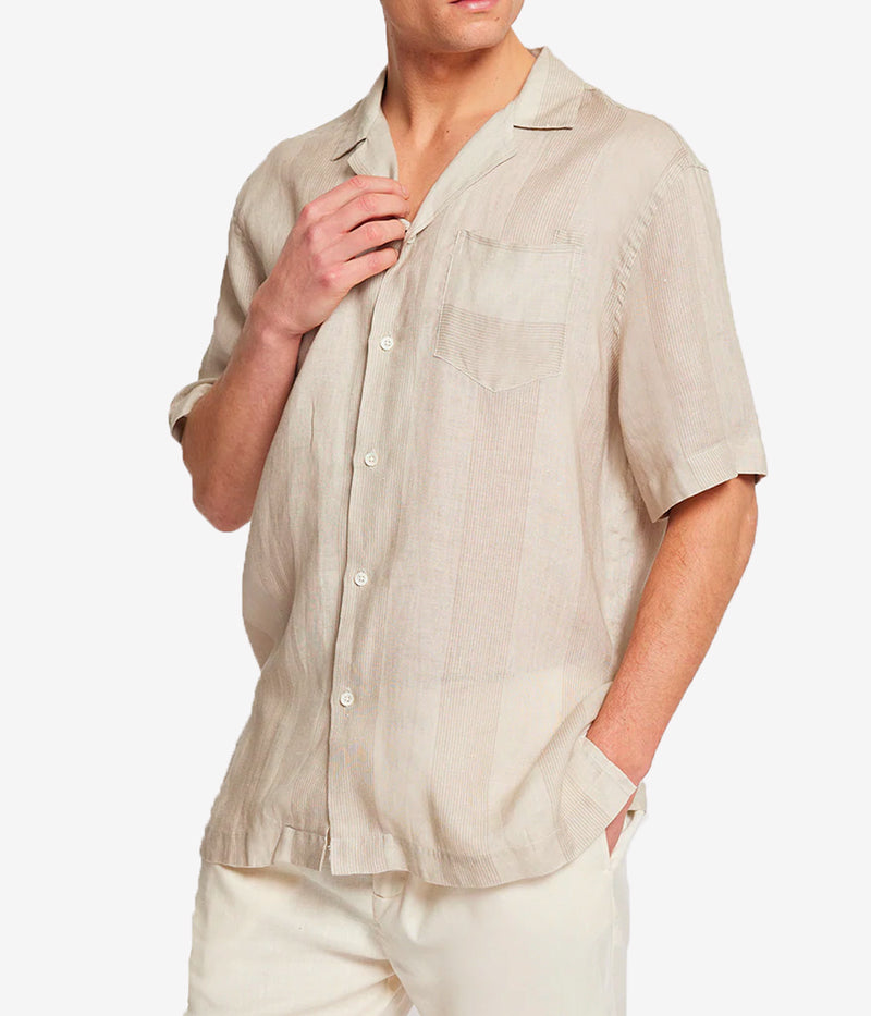 Angelo Linen Short Sleeve Shirt in Leblon Fine Tripe Taupe